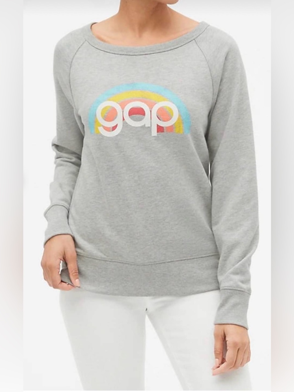 GAP retro pullover Light Gray Sweatshirt with Pastel Rainbow Logo size medium
